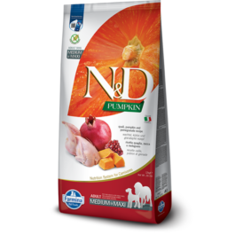 N&D DOG PUMPKIN QUAIL POMEGRANATE MEDIUM MAXI 12KG – ND sausā barība pieaugušiem vidējo un lielo šķirņu suņiem paipala, ķirbis, granātābols